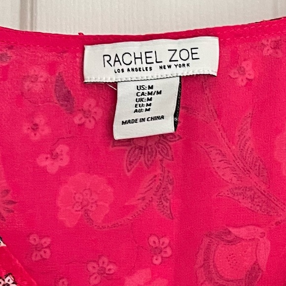 Rachel Zoe Pink Navy Blue Floral Lined Blouse Gathered Puff 3/4 Sleeves Size M - Picture 12 of 14